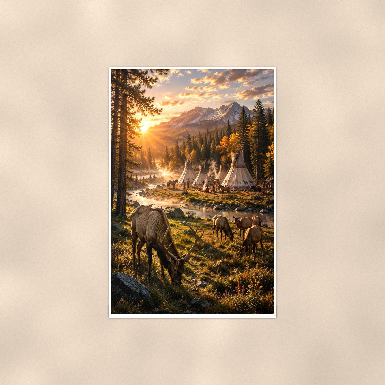Wild Horses Mountain Camp — 24x36 in art print poster, premium luster paper with a white border; poster shown straight on against a warm wall.