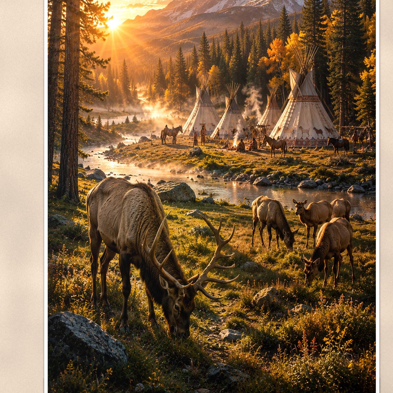Wild Horses Mountain Camp — 24x36 in art print poster, premium luster paper with a white border; close-up framed on the main subject of the artwork, paper surface visible.