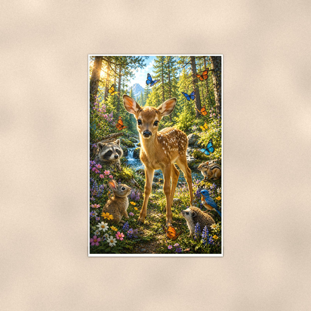 Meadow Doe and Fawns — 24x36 in art print poster, premium luster paper with a white border; poster shown straight on against a warm wall.