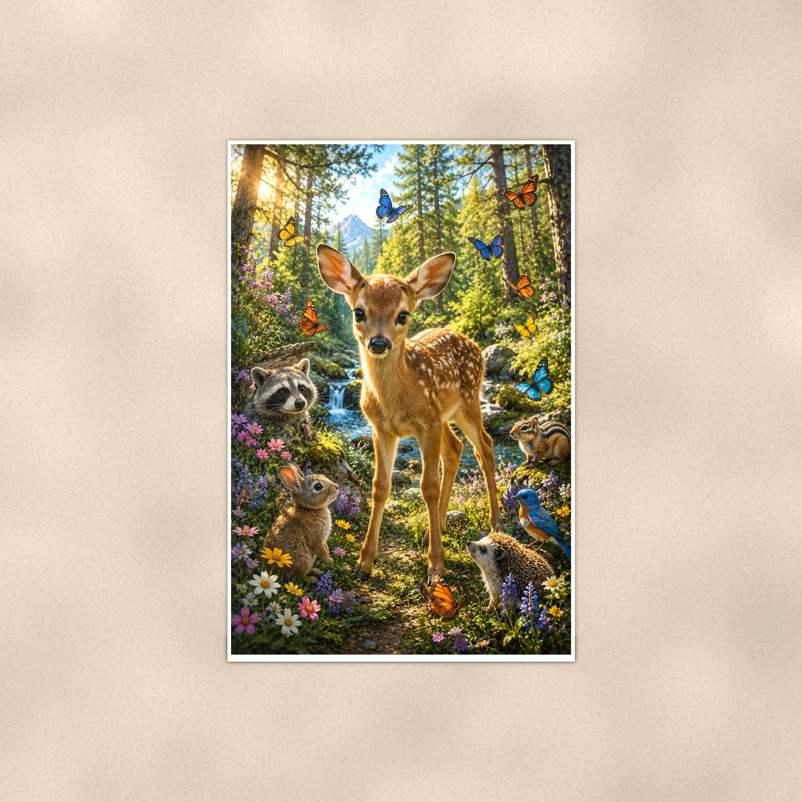 Meadow Doe and Fawns — 24x36 in art print poster, premium luster paper with a white border; poster shown straight on against a warm wall.