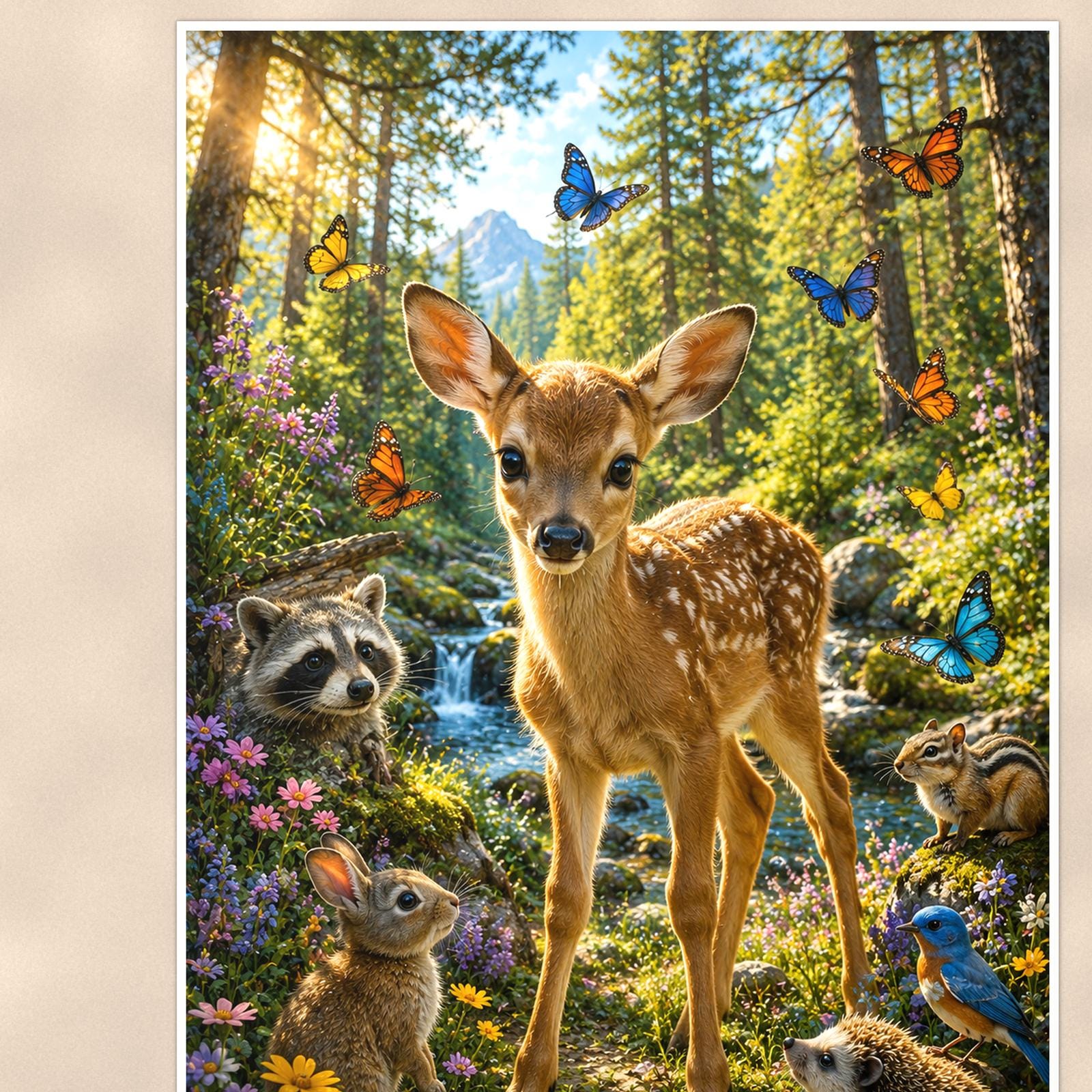 Meadow Doe and Fawns — 24x36 in art print poster, premium luster paper with a white border; close-up framed on the main subject of the artwork, paper surface visible.