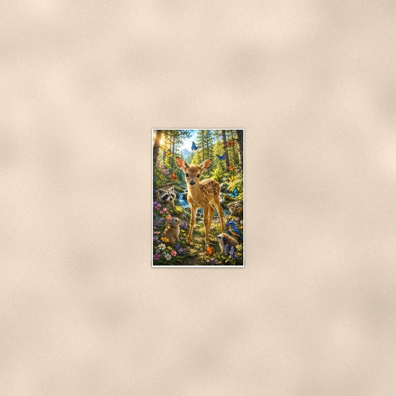 Meadow Doe and Fawns — 24x36 in art print poster, premium luster paper with a white border; poster seen from further back, at true 24x36 in scale on a warm wall.