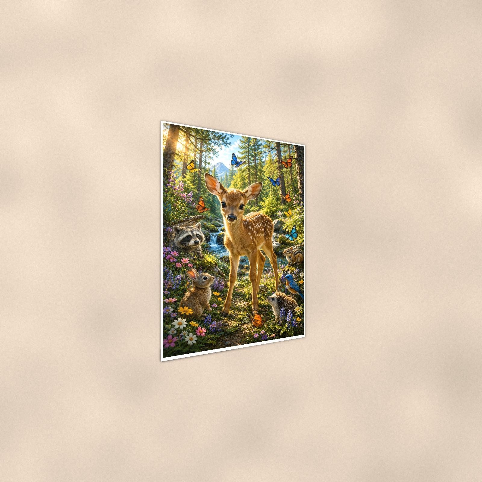 Meadow Doe and Fawns — 24x36 in art print poster, premium luster paper with a white border; steeper three-quarter angle on a warm wall, catching the luster sheen.
