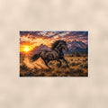 Black Stallion Sunset — 36x24 in art print poster, premium luster paper with a white border; poster shown straight on against a warm wall.
