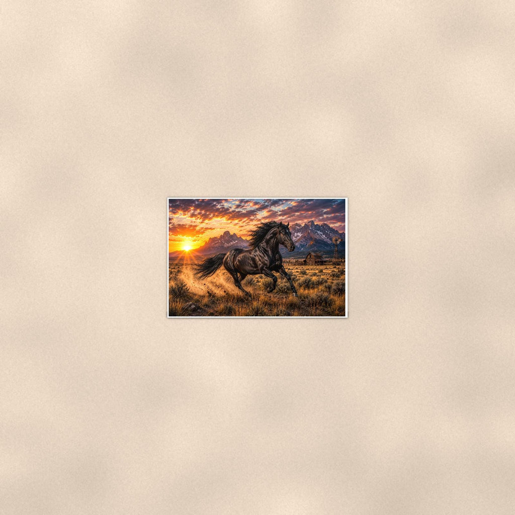 Black Stallion Sunset — 36x24 in art print poster, premium luster paper with a white border; poster seen from further back, at true 24x36 in scale on a warm wall.