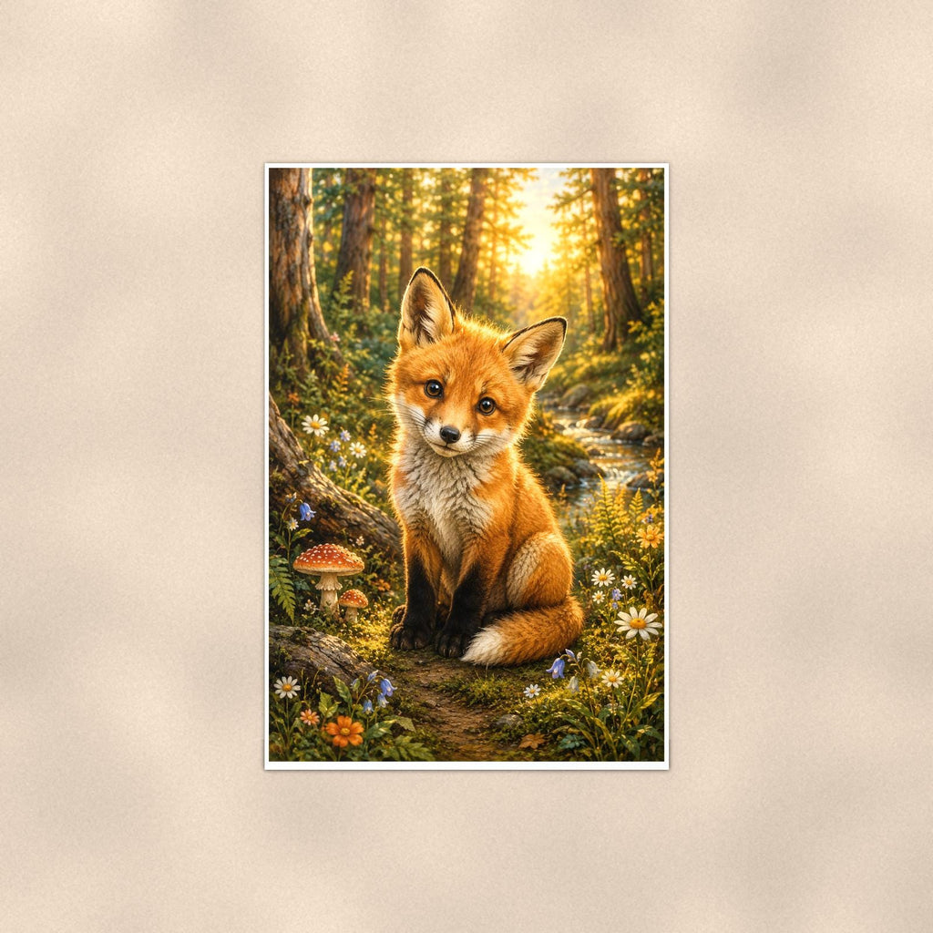 Forest Fox Kit — 24x36 in art print poster, premium luster paper with a white border; poster shown straight on against a warm wall.