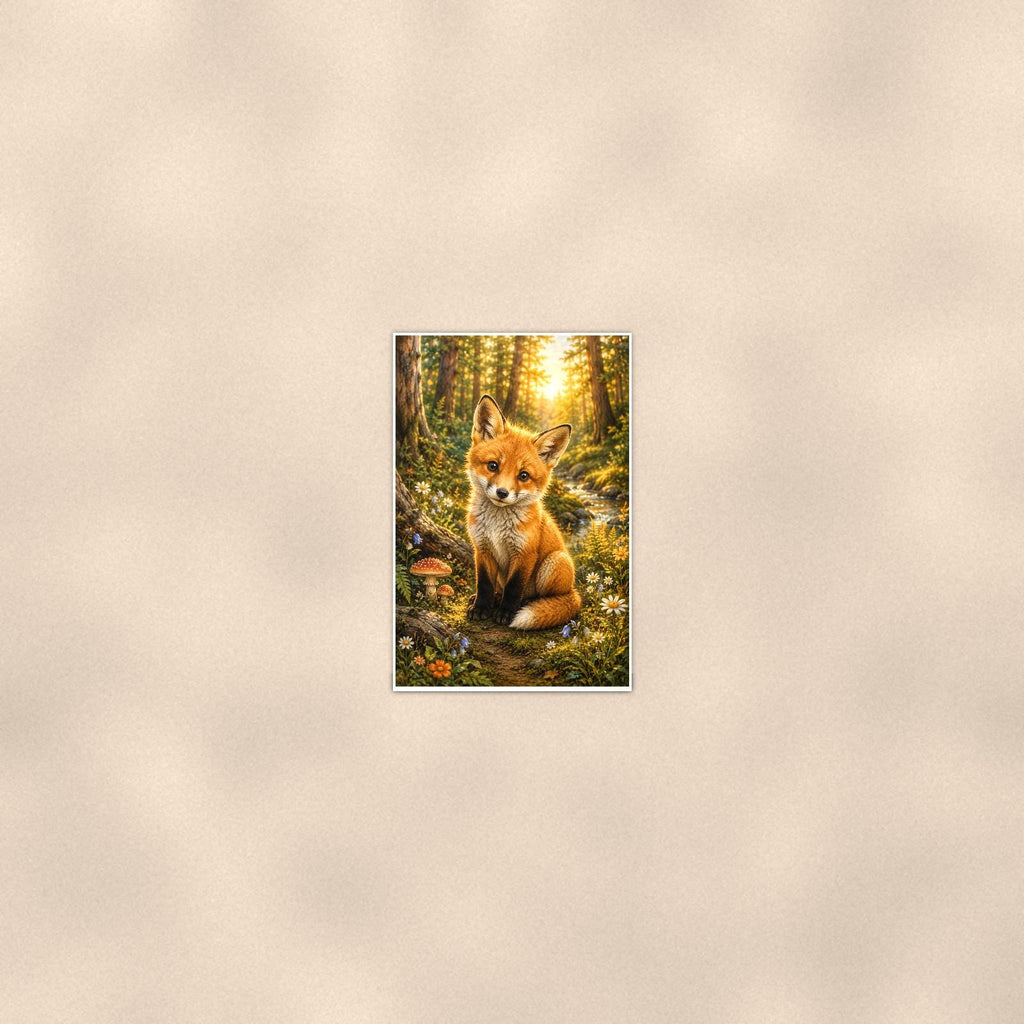 Forest Fox Kit — 24x36 in art print poster, premium luster paper with a white border; poster seen from further back, at true 24x36 in scale on a warm wall.