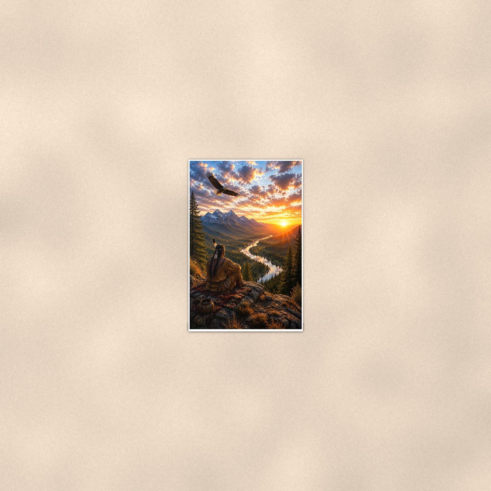 Eagle Canyon Sunrise — 24x36 in art print poster, premium luster paper with a white border; poster seen from further back, at true 24x36 in scale on a warm wall.