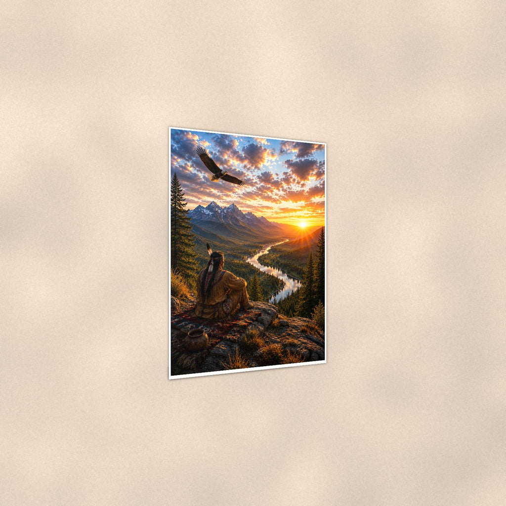 Eagle Canyon Sunrise — 24x36 in art print poster, premium luster paper with a white border; gentle three-quarter angle on a warm wall, showing the flat paper edge.
