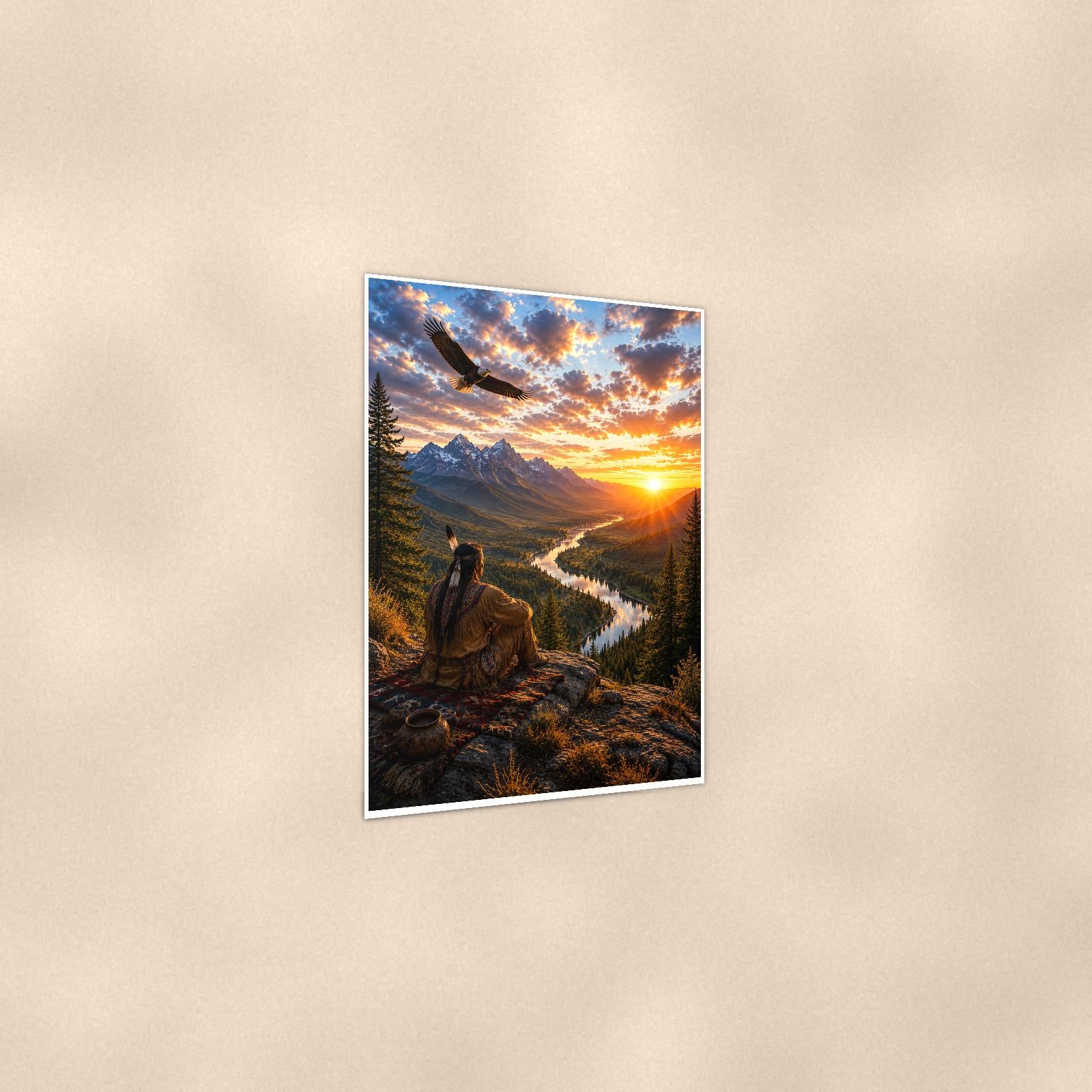 Eagle Canyon Sunrise — 24x36 in art print poster, premium luster paper with a white border; gentle three-quarter angle on a warm wall, showing the flat paper edge.
