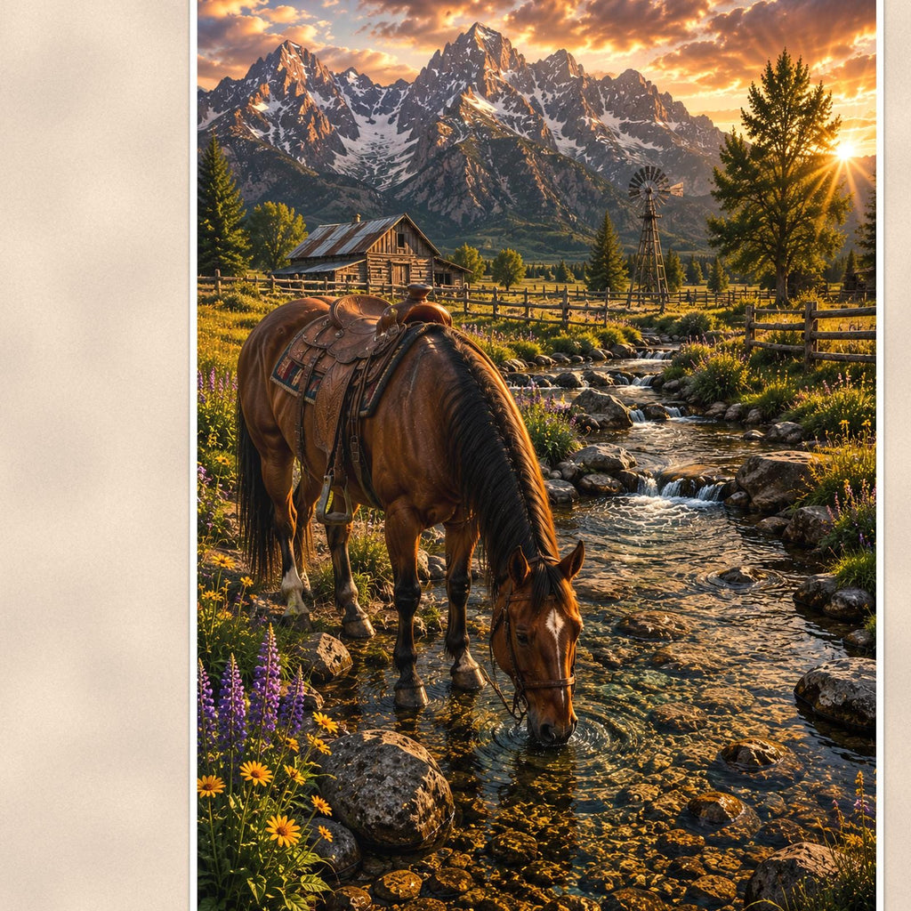 Saddle Horse Creek — 24x36 in art print poster, premium luster paper with a white border; close-up framed on the main subject of the artwork, paper surface visible.