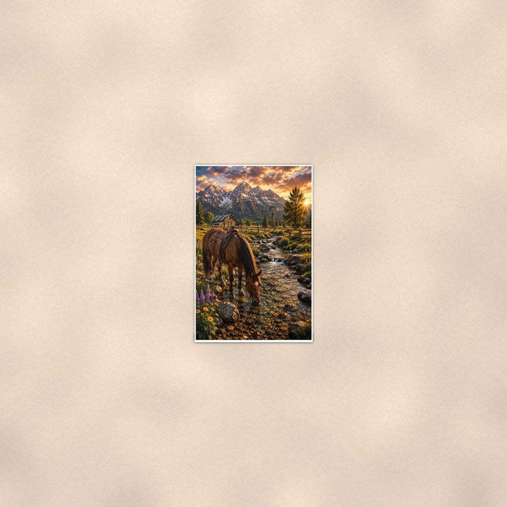Saddle Horse Creek — 24x36 in art print poster, premium luster paper with a white border; poster seen from further back, at true 24x36 in scale on a warm wall.