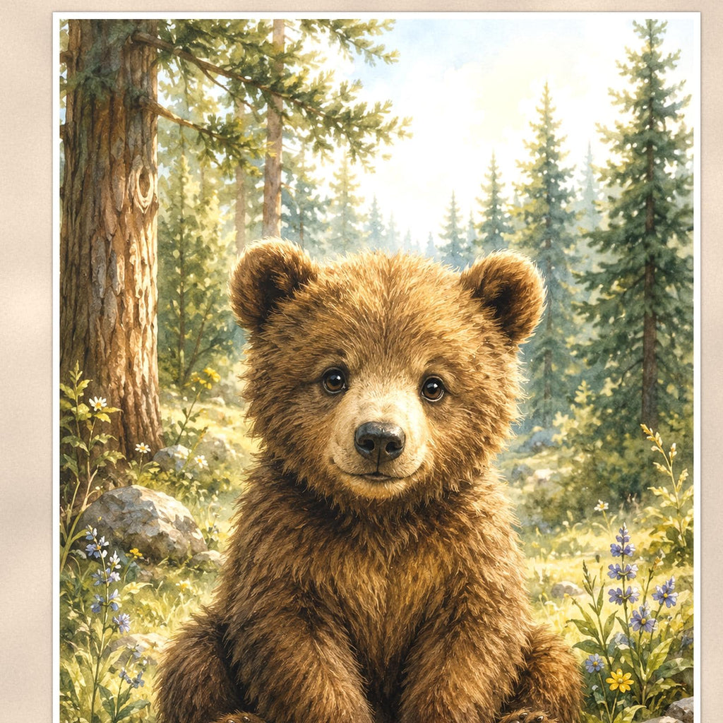 Bear Cub Forest — 24x36 in art print poster, premium luster paper with a white border; close-up framed on the main subject of the artwork, paper surface visible.
