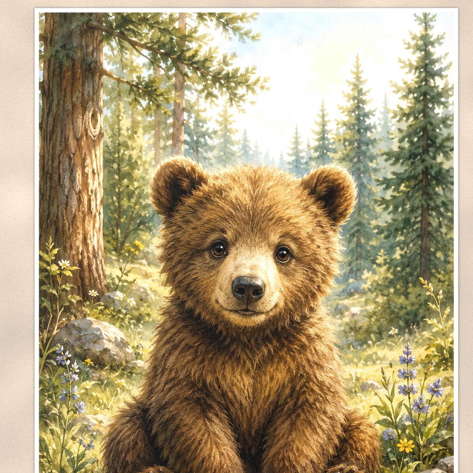 Bear Cub Forest — 24x36 in art print poster, premium luster paper with a white border; close-up framed on the main subject of the artwork, paper surface visible.