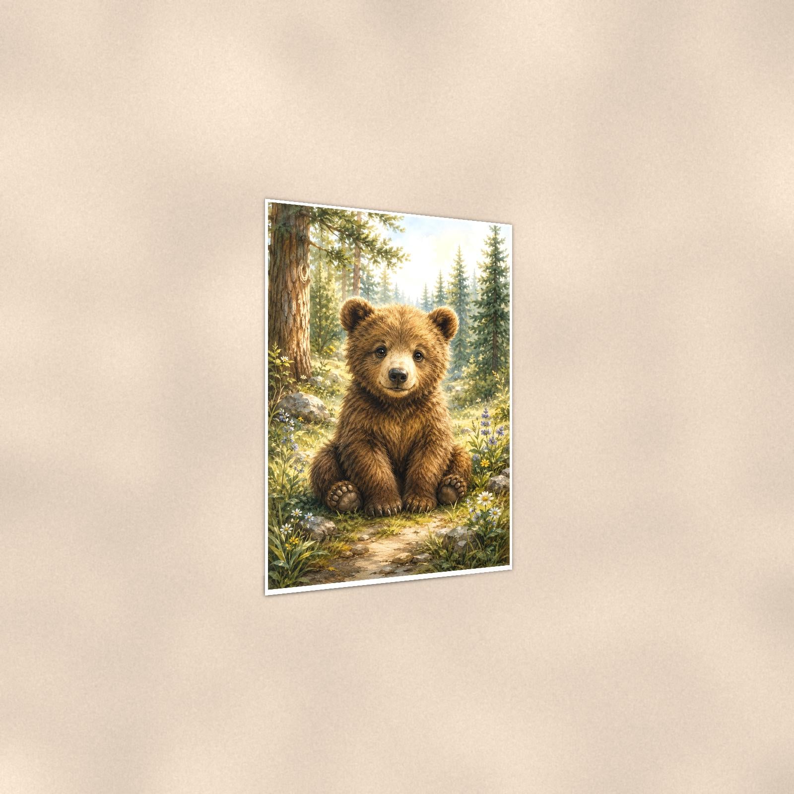 Bear Cub Forest — 24x36 in art print poster, premium luster paper with a white border; gentle three-quarter angle on a warm wall, showing the flat paper edge.