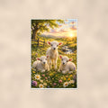 Lambs in Meadow — 24x36 in art print poster, premium luster paper with a white border; poster shown straight on against a warm wall.