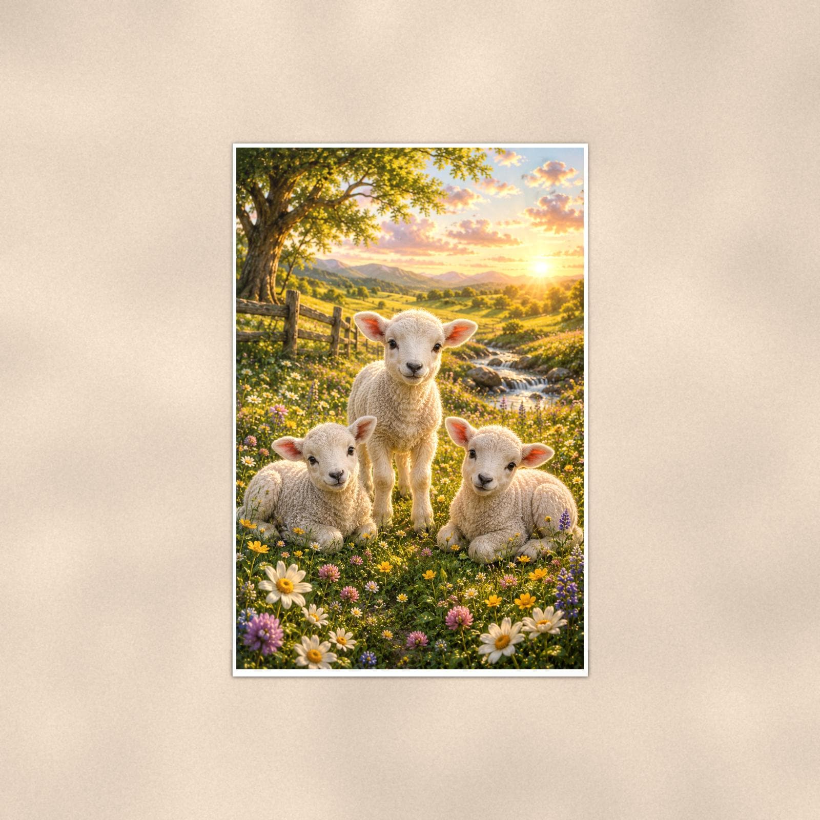 Lambs in Meadow — 24x36 in art print poster, premium luster paper with a white border; poster shown straight on against a warm wall.