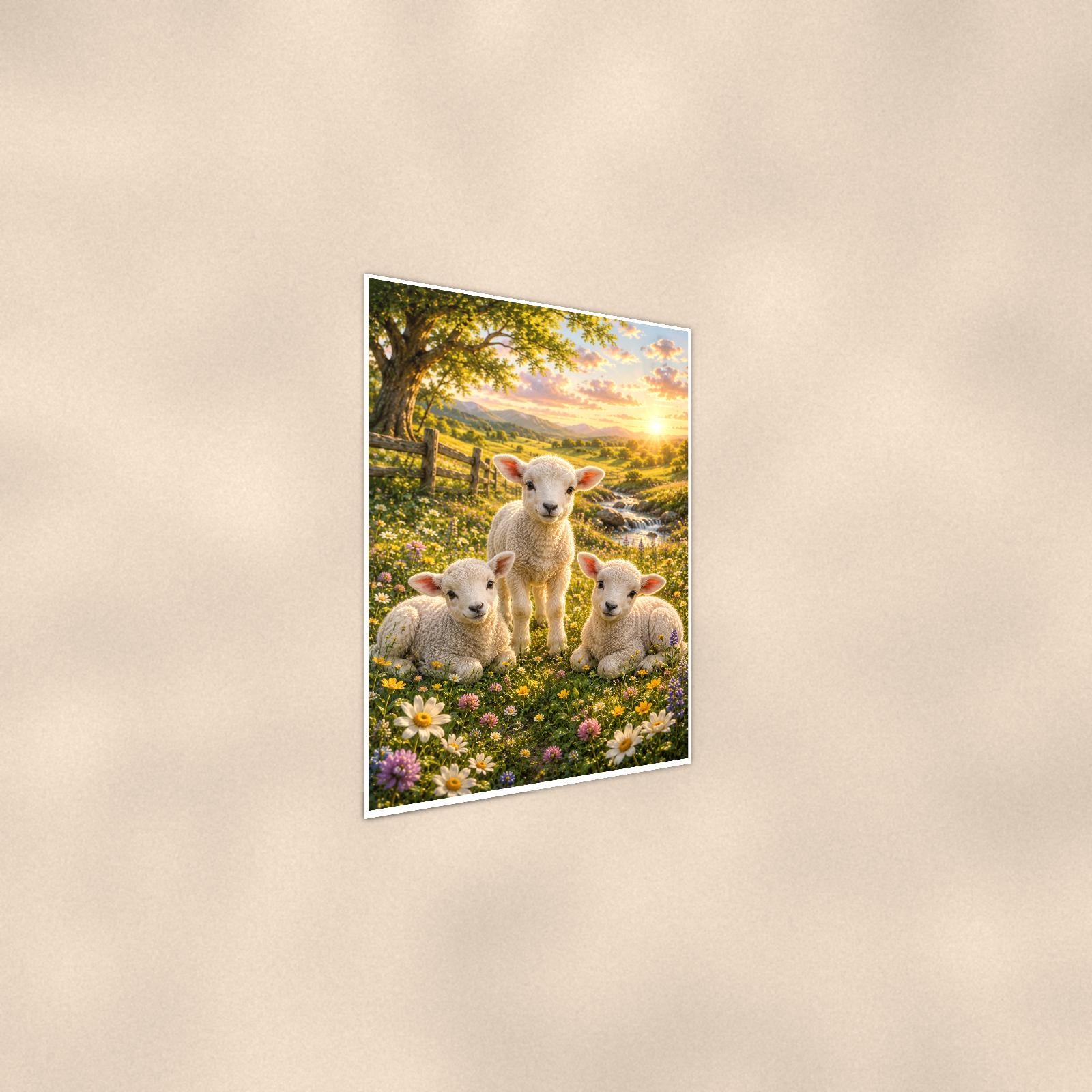 Lambs in Meadow — 24x36 in art print poster, premium luster paper with a white border; steeper three-quarter angle on a warm wall, catching the luster sheen.