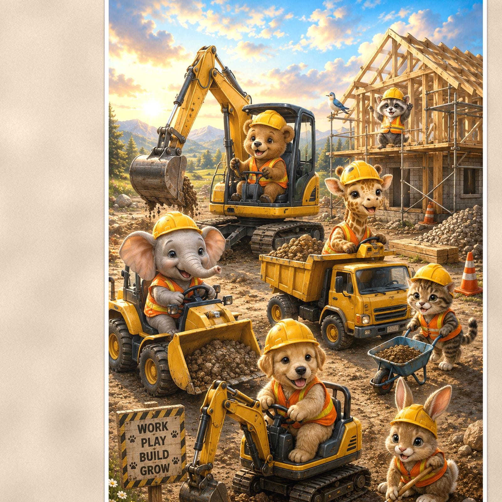 Construction Crew Animals — 24x36 in art print poster, premium luster paper with a white border; close-up framed on the main subject of the artwork, paper surface visible.