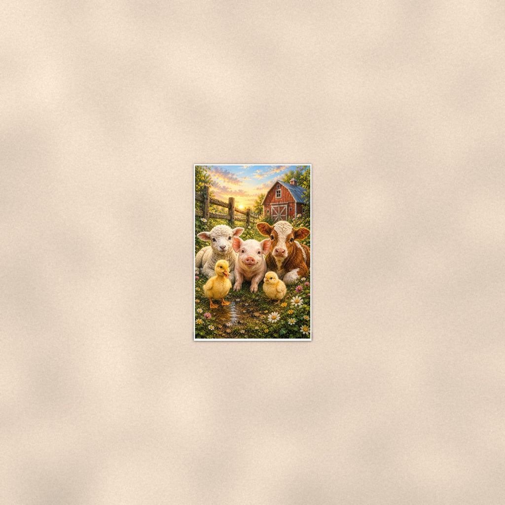 Farm Animal Friends — 24x36 in art print poster, premium luster paper with a white border; poster seen from further back, at true 24x36 in scale on a warm wall.