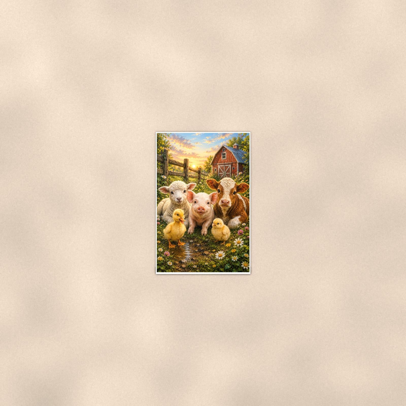 Farm Animal Friends — 24x36 in art print poster, premium luster paper with a white border; poster seen from further back, at true 24x36 in scale on a warm wall.