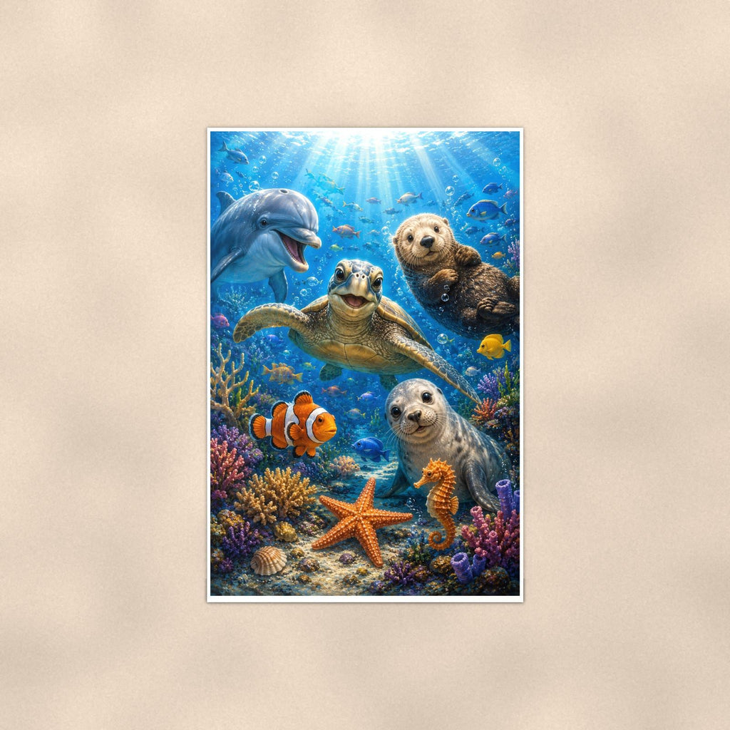 Sea Otters Reef — 24x36 in art print poster, premium luster paper with a white border; poster shown straight on against a warm wall.