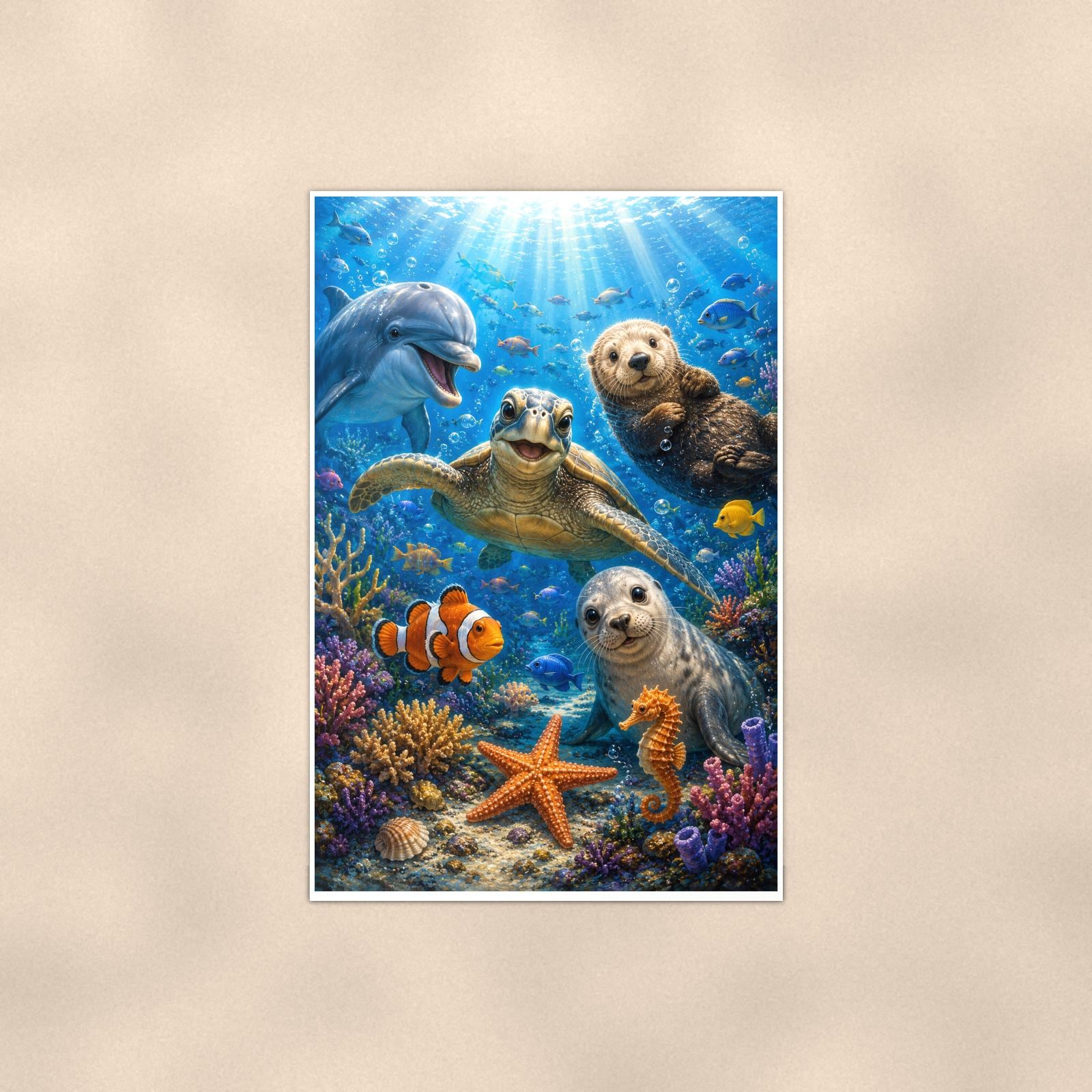 Sea Otters Reef — 24x36 in art print poster, premium luster paper with a white border; poster shown straight on against a warm wall.