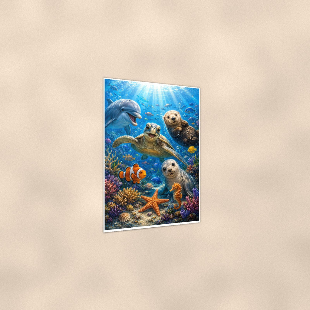 Sea Otters Reef — 24x36 in art print poster, premium luster paper with a white border; gentle three-quarter angle on a warm wall, showing the flat paper edge.