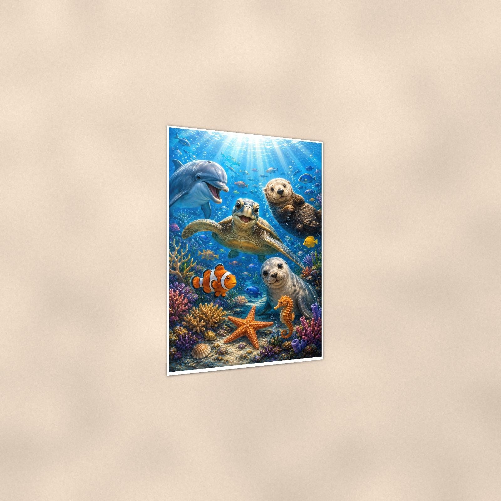 Sea Otters Reef — 24x36 in art print poster, premium luster paper with a white border; gentle three-quarter angle on a warm wall, showing the flat paper edge.