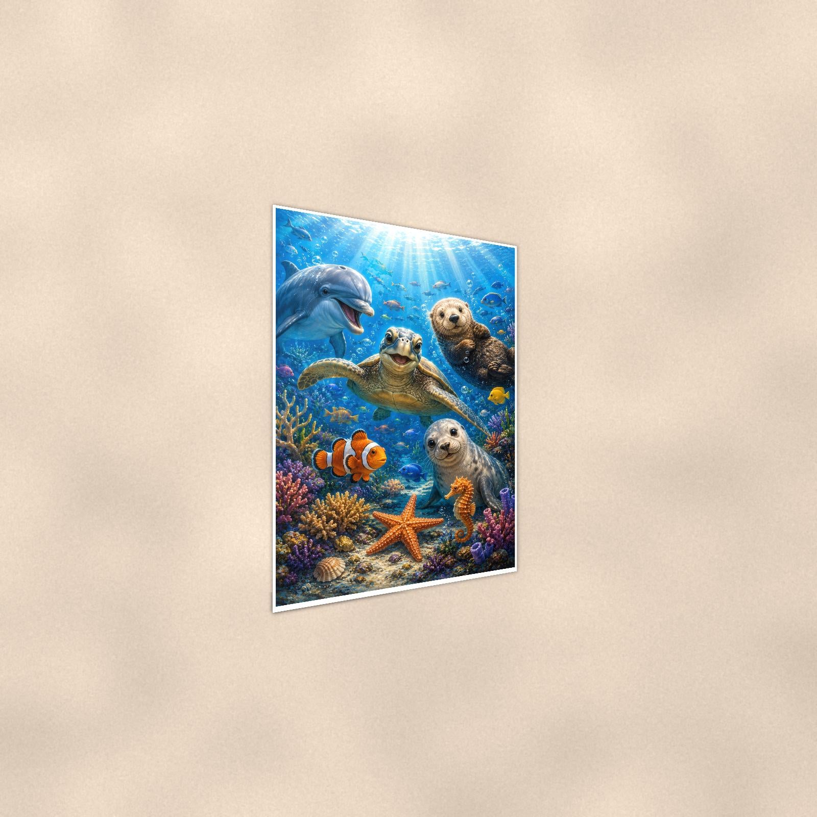 Sea Otters Reef — 24x36 in art print poster, premium luster paper with a white border; steeper three-quarter angle on a warm wall, catching the luster sheen.