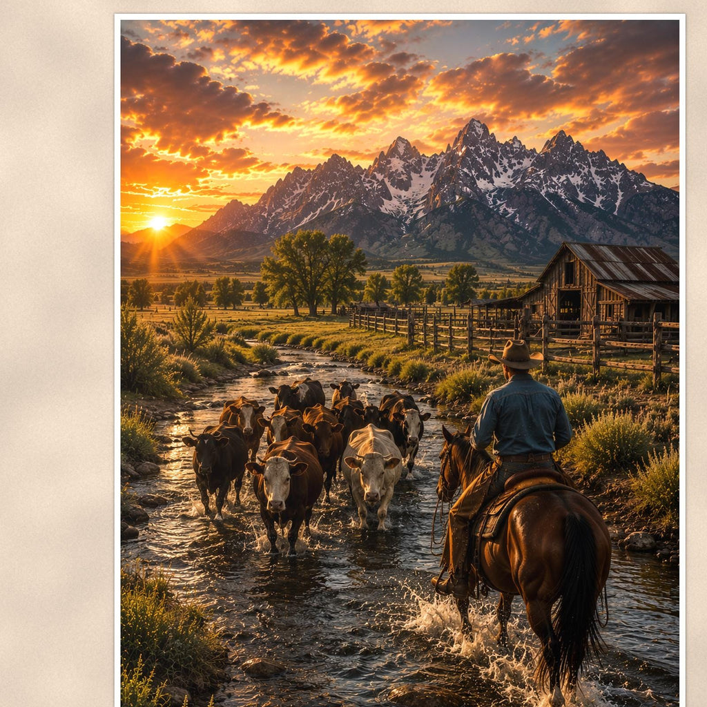 River Cattle Drive — 24x36 in art print poster, premium luster paper with a white border; close-up framed on the main subject of the artwork, paper surface visible.