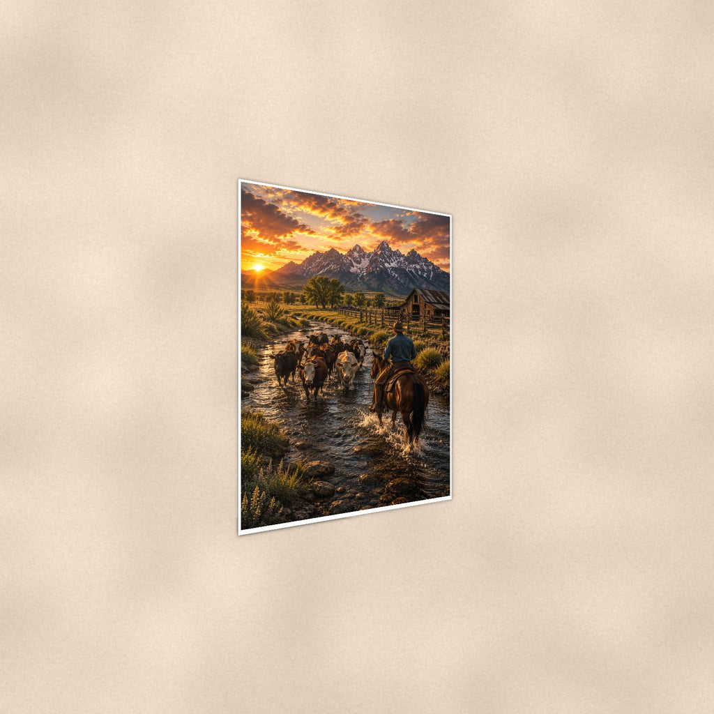 River Cattle Drive — 24x36 in art print poster, premium luster paper with a white border; steeper three-quarter angle on a warm wall, catching the luster sheen.