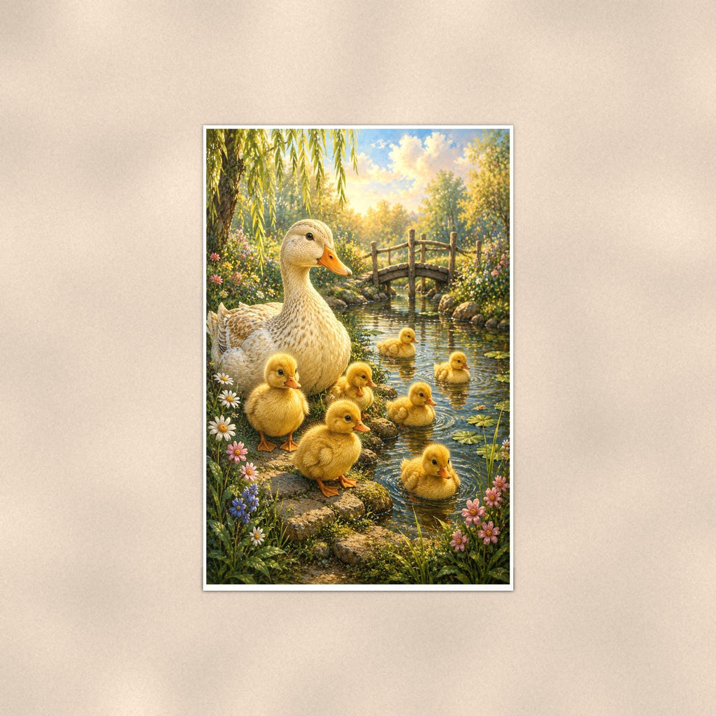 Ducklings Pond — 24x36 in art print poster, premium luster paper with a white border; poster shown straight on against a warm wall.