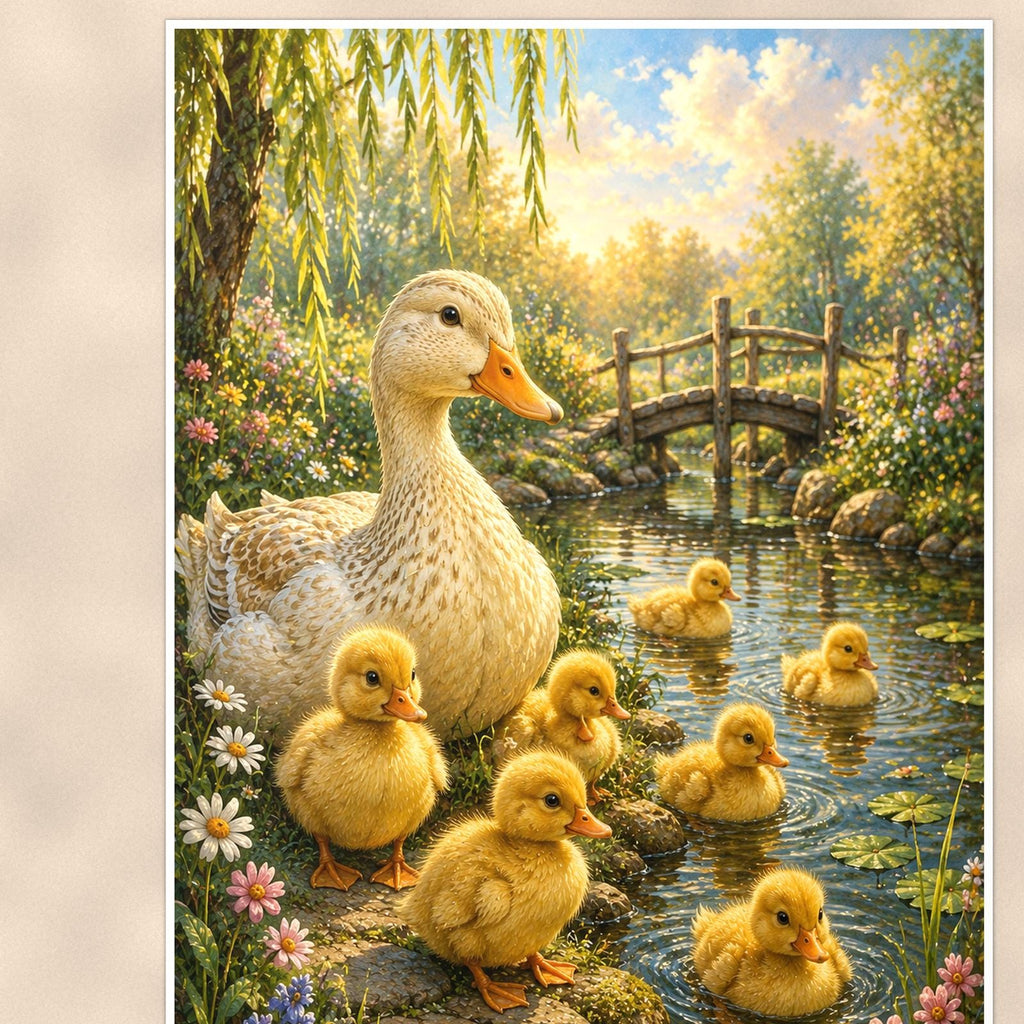 Ducklings Pond — 24x36 in art print poster, premium luster paper with a white border; close-up framed on the main subject of the artwork, paper surface visible.