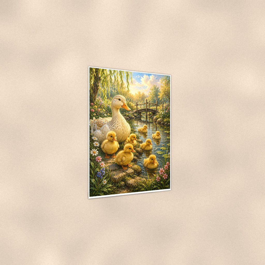Ducklings Pond — 24x36 in art print poster, premium luster paper with a white border; gentle three-quarter angle on a warm wall, showing the flat paper edge.
