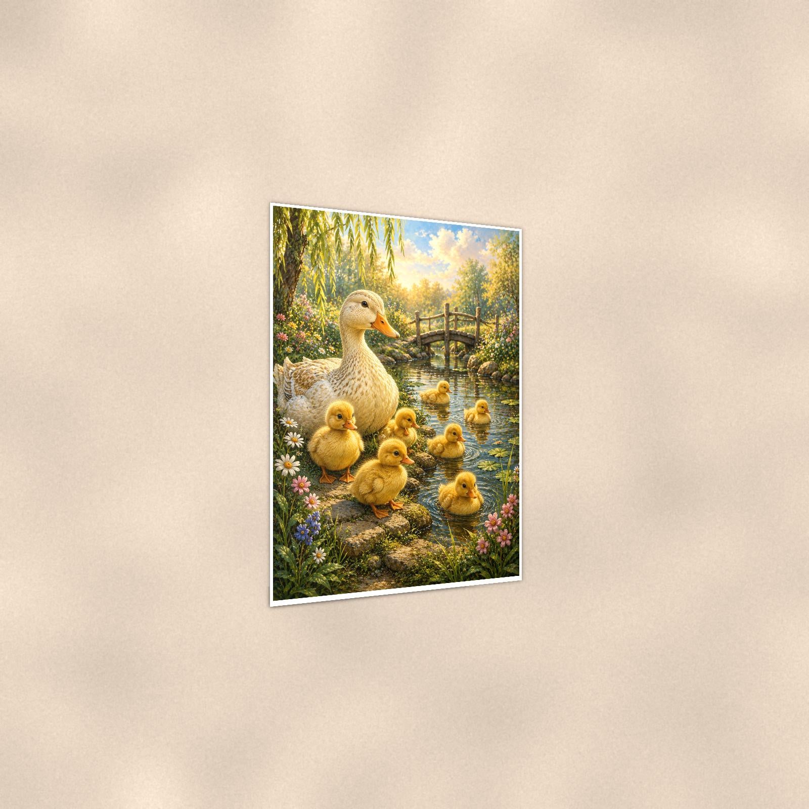 Ducklings Pond — 24x36 in art print poster, premium luster paper with a white border; gentle three-quarter angle on a warm wall, showing the flat paper edge.