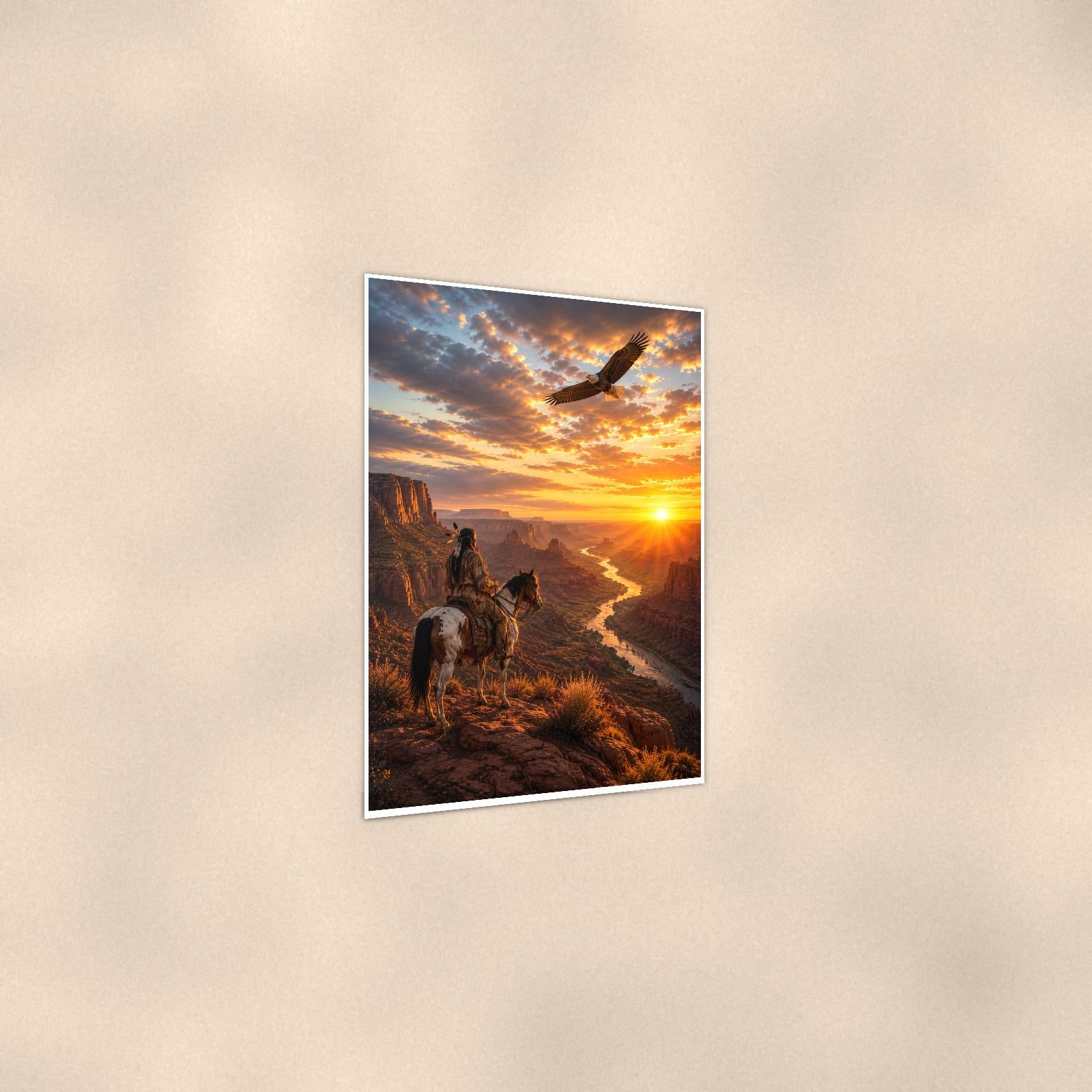 Eagle Canyon Sunset — 24x36 in art print poster, premium luster paper with a white border; gentle three-quarter angle on a warm wall, showing the flat paper edge.