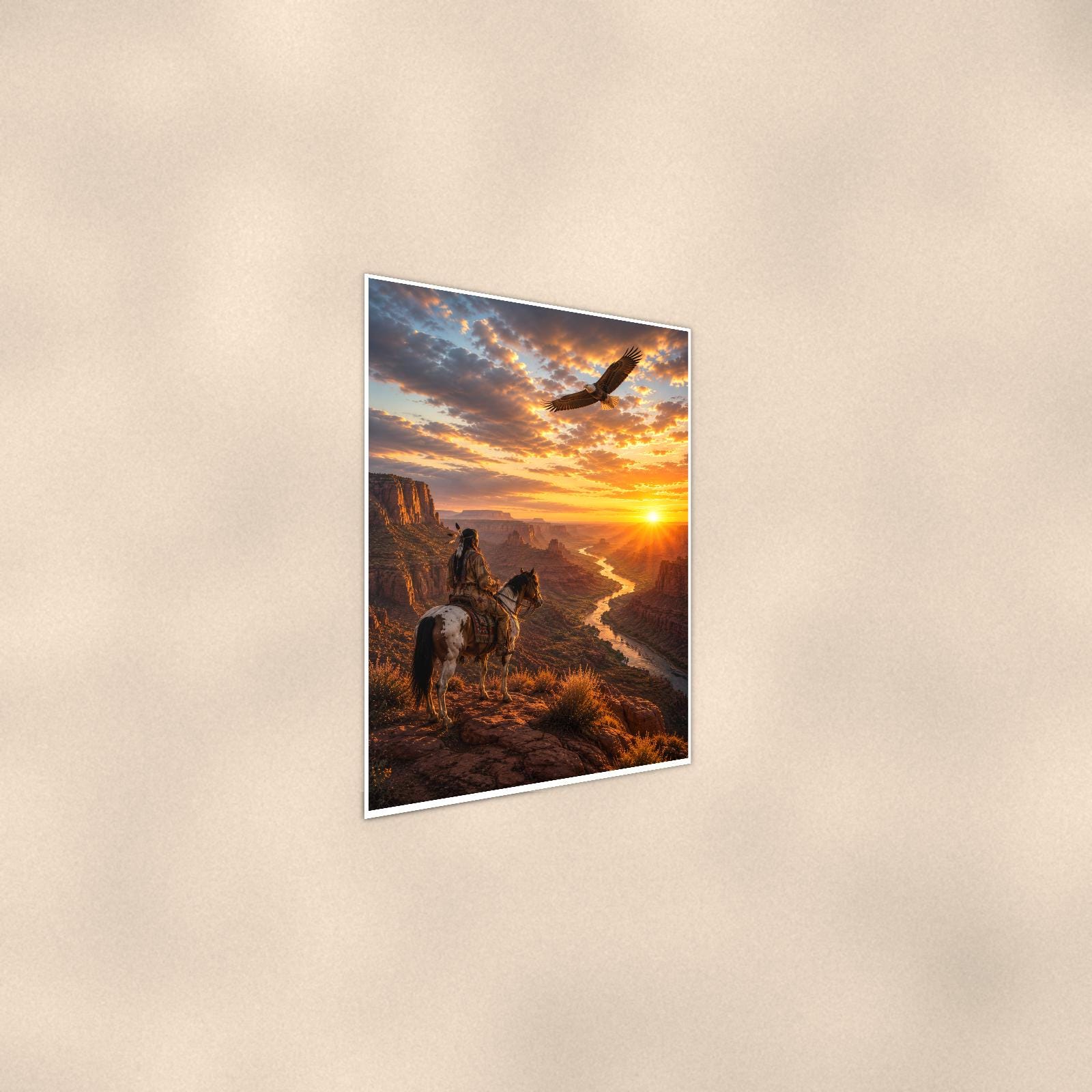 Eagle Canyon Sunset — 24x36 in art print poster, premium luster paper with a white border; steeper three-quarter angle on a warm wall, catching the luster sheen.
