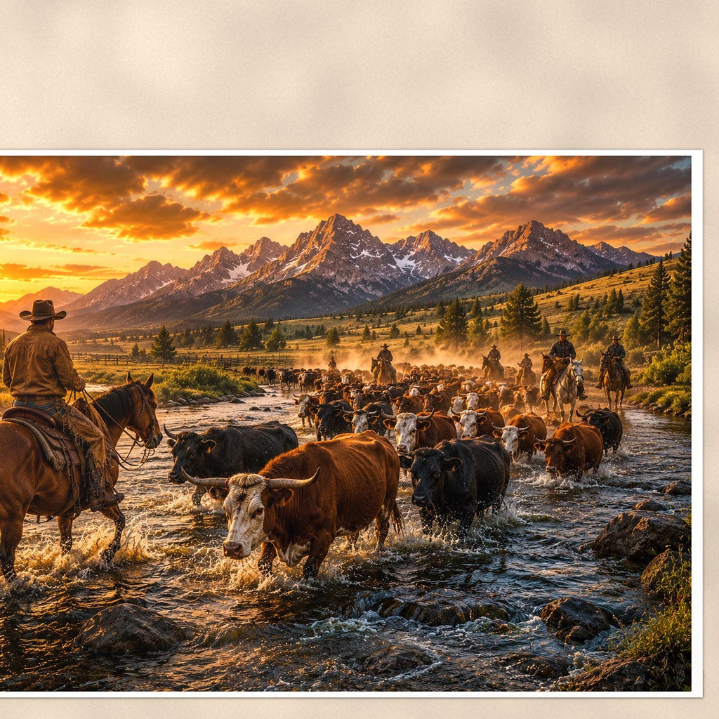 Cattle Drive River Crossing — 36x24 in art print poster, premium luster paper with a white border; close-up framed on the main subject of the artwork, paper surface visible.