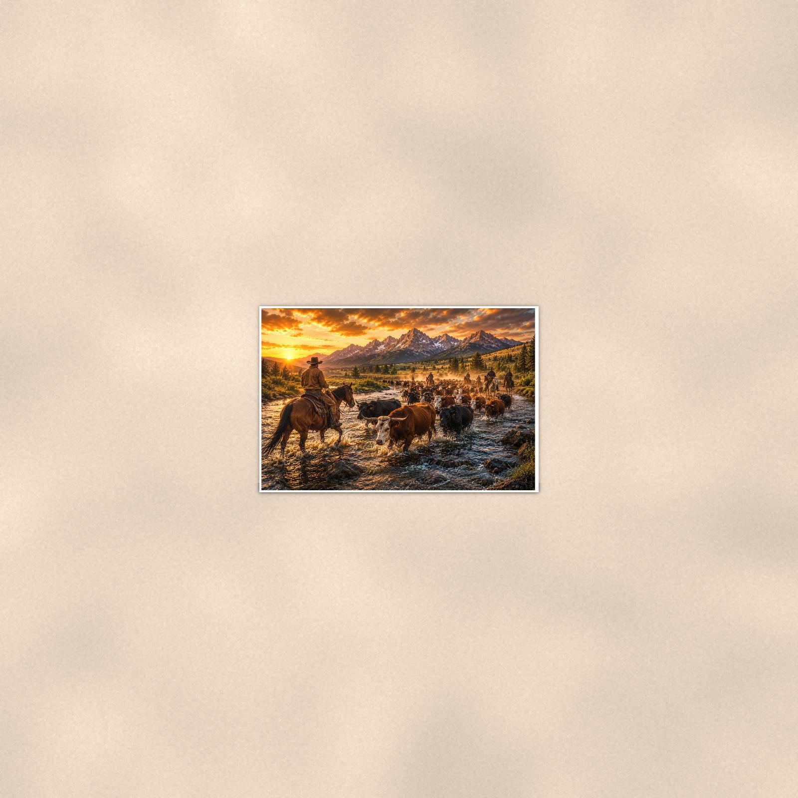 Cattle Drive River Crossing — 36x24 in art print poster, premium luster paper with a white border; poster seen from further back, at true 24x36 in scale on a warm wall.