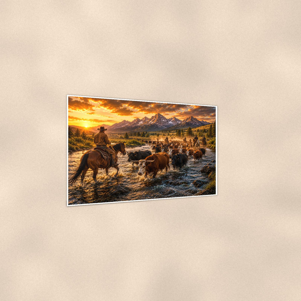 Cattle Drive River Crossing — 36x24 in art print poster, premium luster paper with a white border; gentle three-quarter angle on a warm wall, showing the flat paper edge.