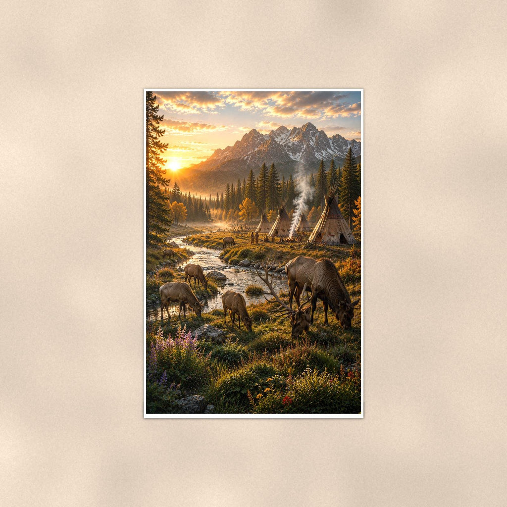 Elk Valley Camp — 24x36 in art print poster, premium luster paper with a white border; poster shown straight on against a warm wall.