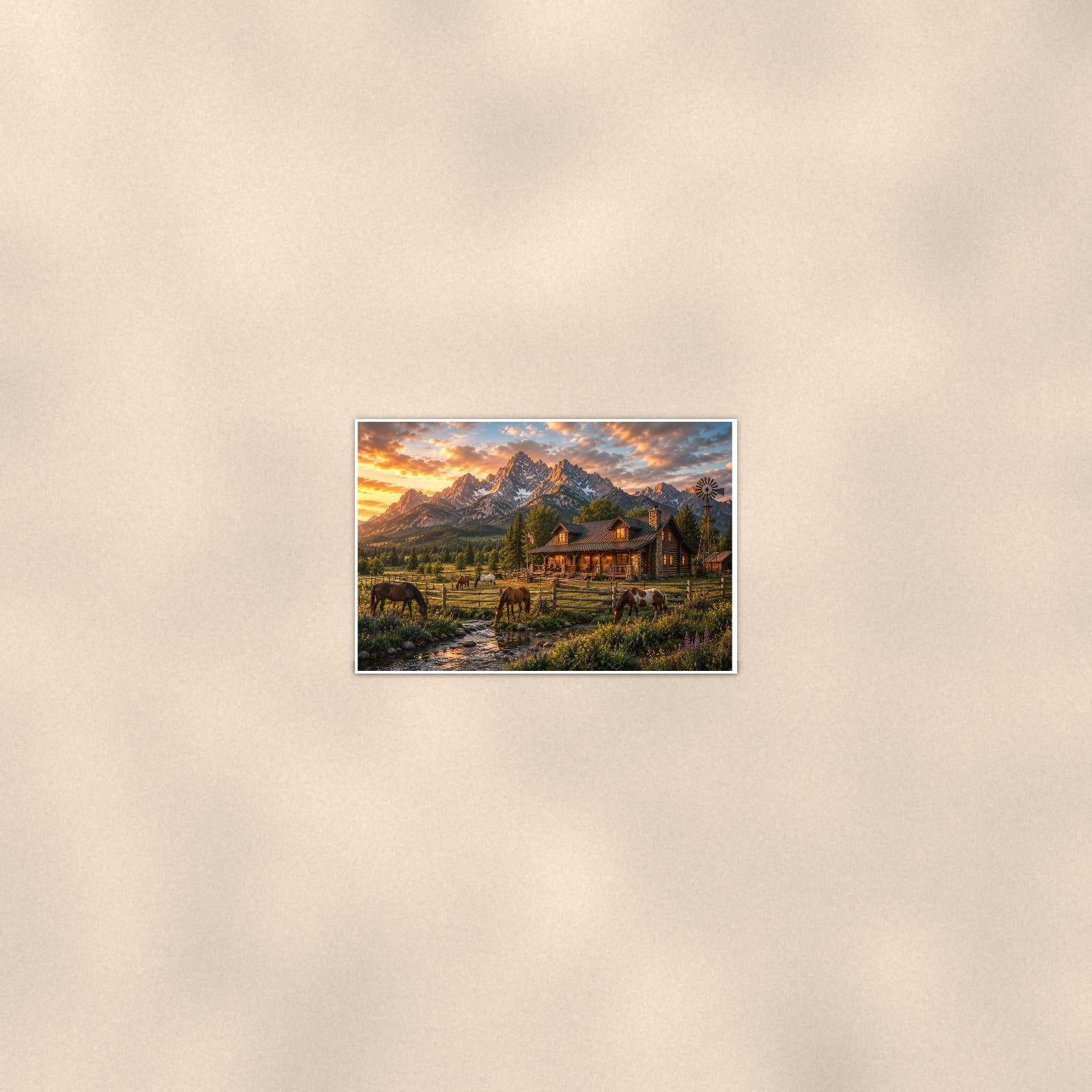 Mountain Horse Cabin — 36x24 in art print poster, premium luster paper with a white border; poster seen from further back, at true 24x36 in scale on a warm wall.