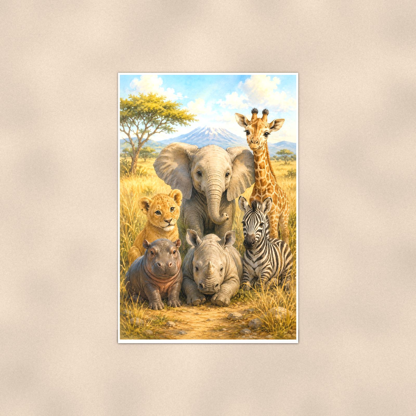 Safari Family — 24x36 in art print poster, premium luster paper with a white border; poster shown straight on against a warm wall.