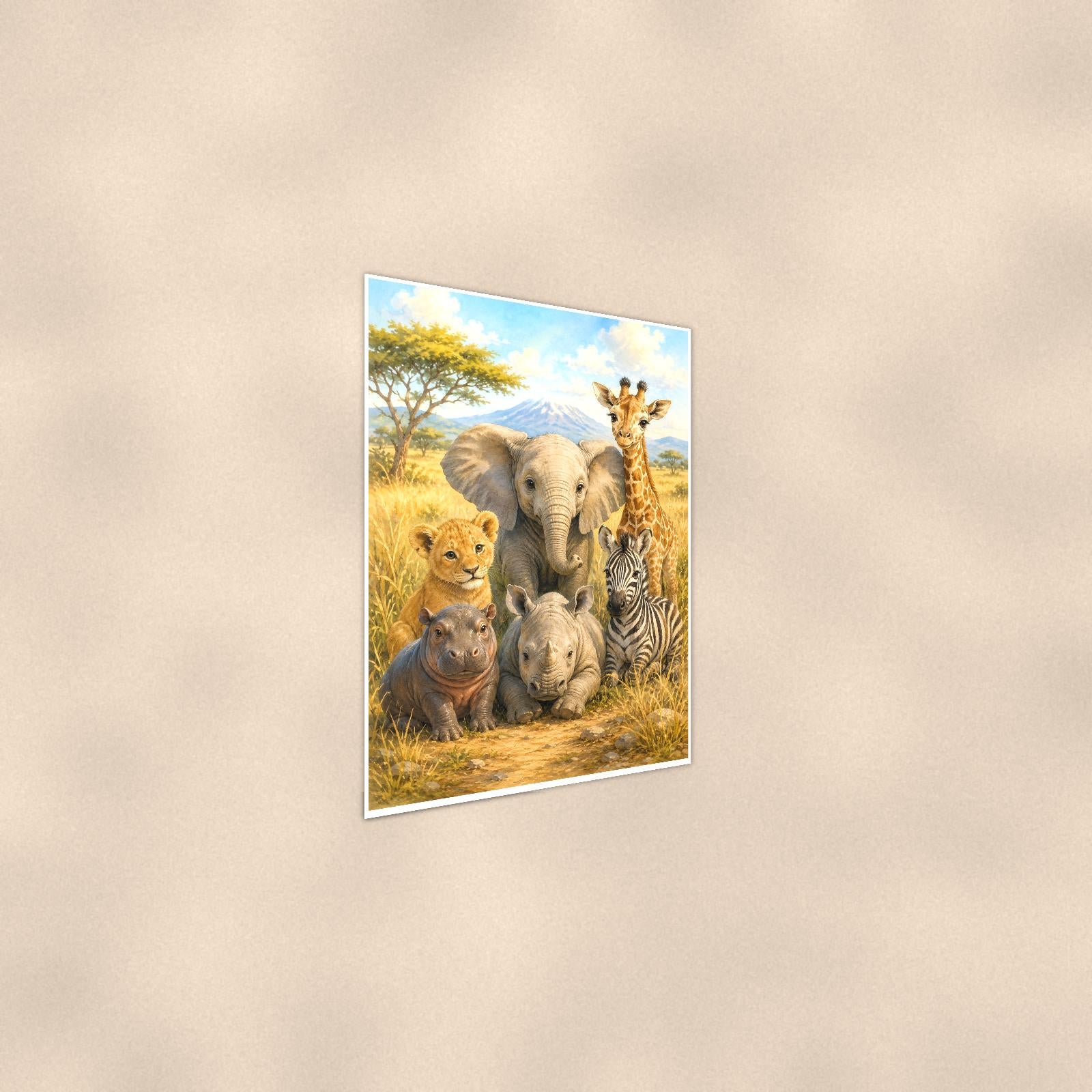 Safari Family — 24x36 in art print poster, premium luster paper with a white border; steeper three-quarter angle on a warm wall, catching the luster sheen.
