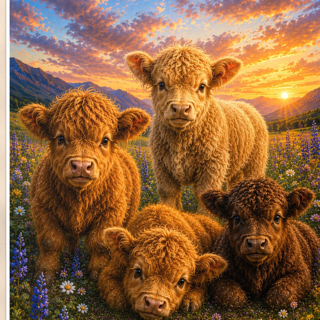 Highland Calves — 24x36 in art print poster, premium luster paper with a white border; close-up framed on the main subject of the artwork, paper surface visible.