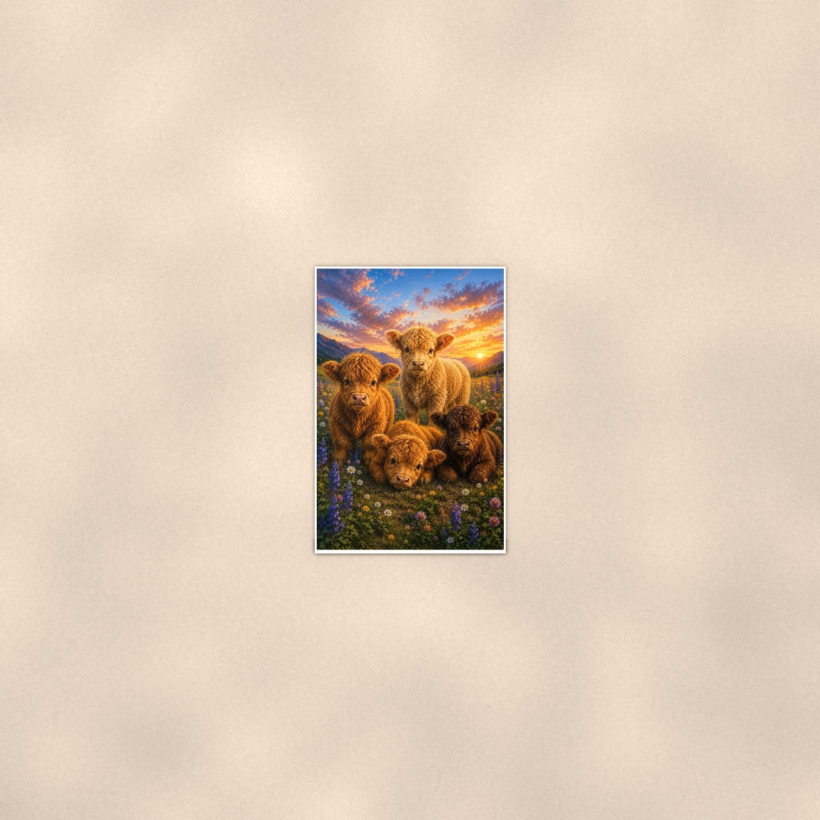 Highland Calves — 24x36 in art print poster, premium luster paper with a white border; poster seen from further back, at true 24x36 in scale on a warm wall.