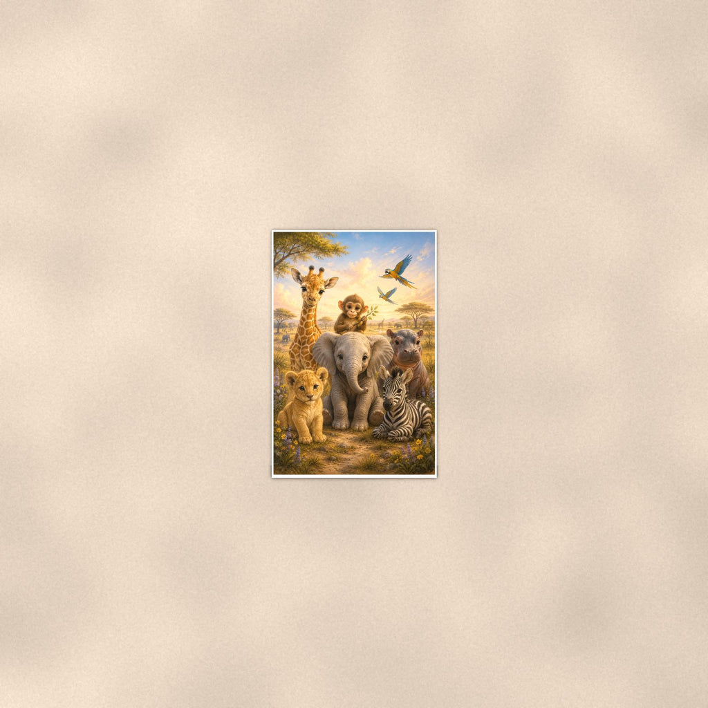 Baby Safari Animals — 24x36 in art print poster, premium luster paper with a white border; poster seen from further back, at true 24x36 in scale on a warm wall.