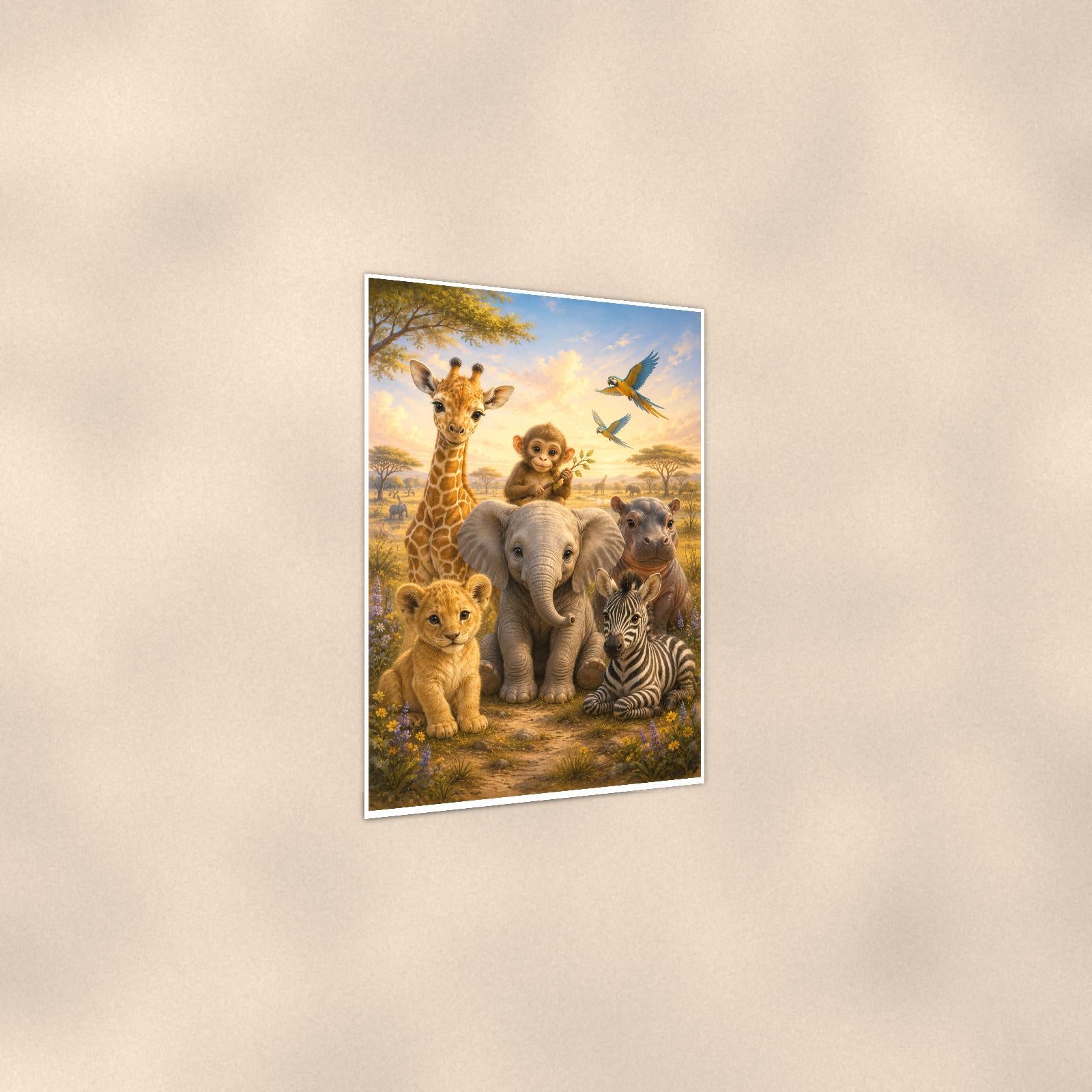Baby Safari Animals — 24x36 in art print poster, premium luster paper with a white border; gentle three-quarter angle on a warm wall, showing the flat paper edge.