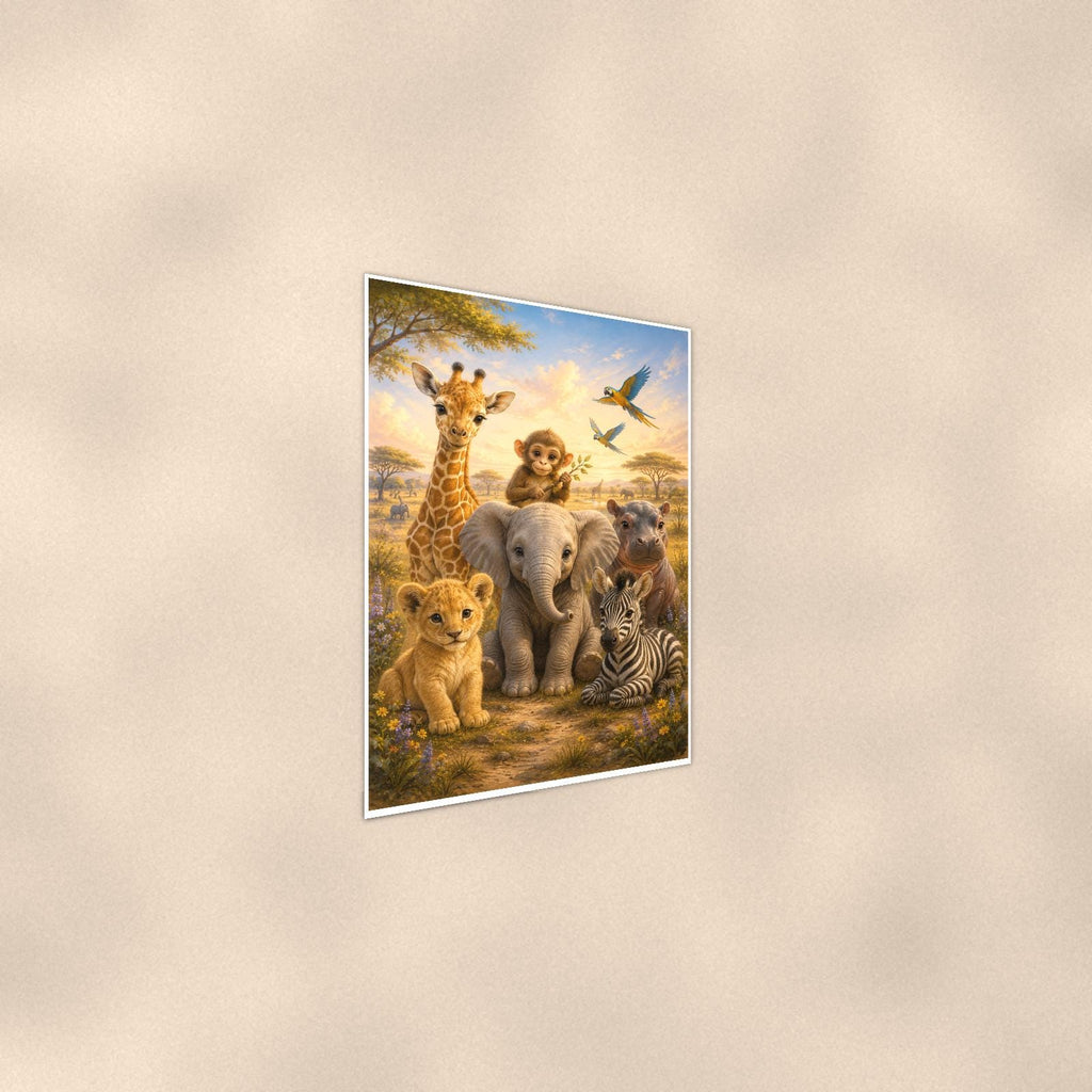 Baby Safari Animals — 24x36 in art print poster, premium luster paper with a white border; steeper three-quarter angle on a warm wall, catching the luster sheen.